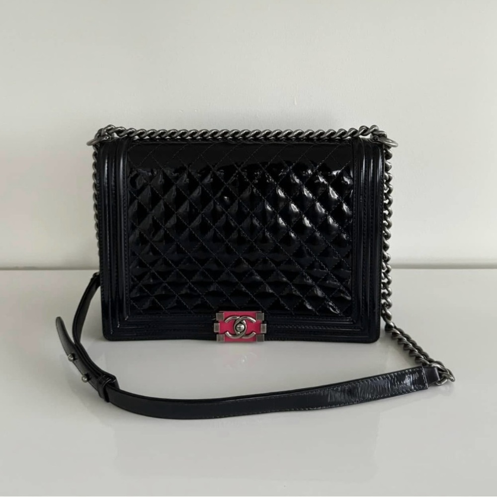 100% Authentic Large Chanel Black Patent Leather Boy Bag with Hot Pink Buckle